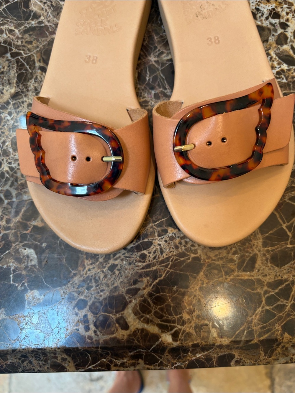 Ancient Greek Sandals Tan Slide Sandals with Tortoiseshell Buckle. Size 38 - Picture 5 of 6